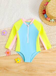 Traje de baño de una pieza de manga larga, ajustado, con cremallera frontal y unicolor para bebé niña - Multicolor - Ver 1