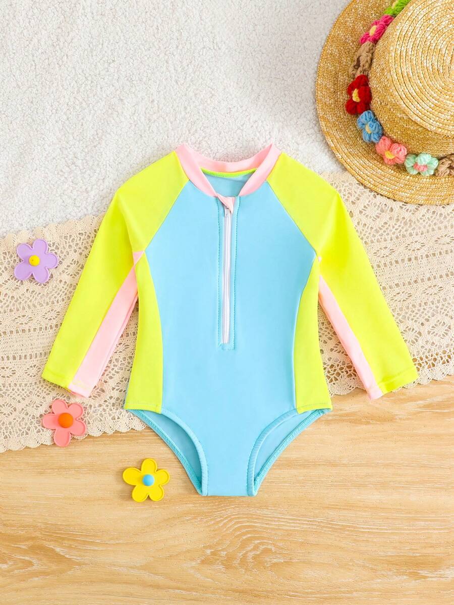 Traje de baño de una pieza de manga larga, ajustado, con cremallera frontal y unicolor para bebé niña - Multicolor - Ver 1