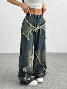 SHEIN EZwear Fashionable Contrast Color Block Star Pattern Frayed Hem Wide Leg Jeans - Dark Wash - View 4