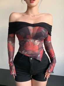 DAZY 女士花卉印花拼接长袖露肩网纱衬衫，秋季女装 - 彩色 - 查看 1