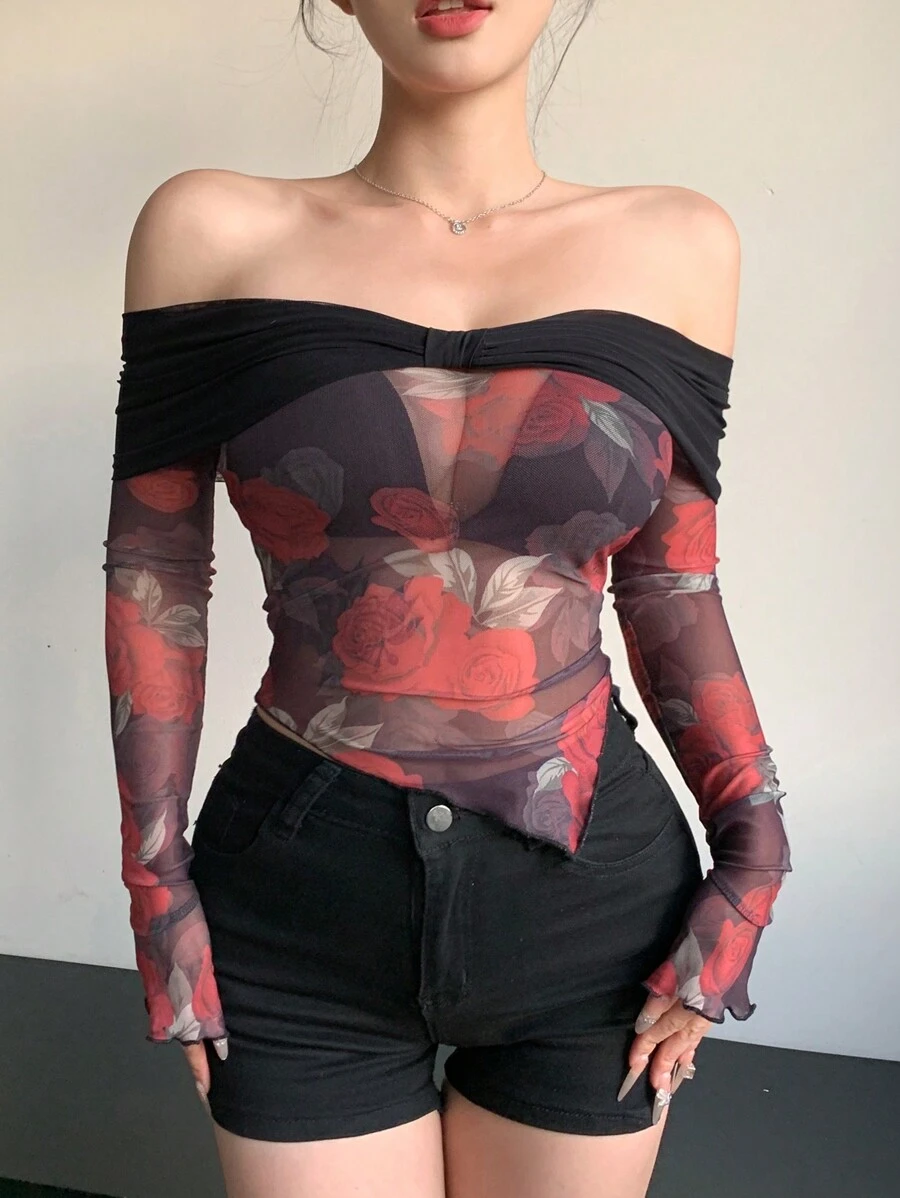 DAZY 女士花卉印花拼接长袖露肩网纱衬衫，秋季女装 - 彩色 - 查看 1