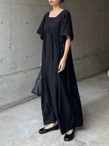 FRIFUL 女士黑色 A 字裙，优雅女士荷叶边袖休闲裙，夏季太阳裙 - 黑色 - 查看 6