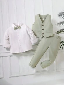 SHEIN 适合年轻男孩的绅士三件套西装，包括优雅的领结、白领衬衫、背心和休闲西装裤。时尚绅士装适合日常休闲穿着、生日派对、婚礼、万圣节、圣诞节、感恩节庆祝活动、正式场合和表演 - 薄荷綠 - 查看 9
