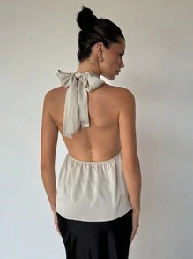 Aloruh Satin Backless Decorated Metal Clasp Design Tank Top, Spring - Apricot - View 2