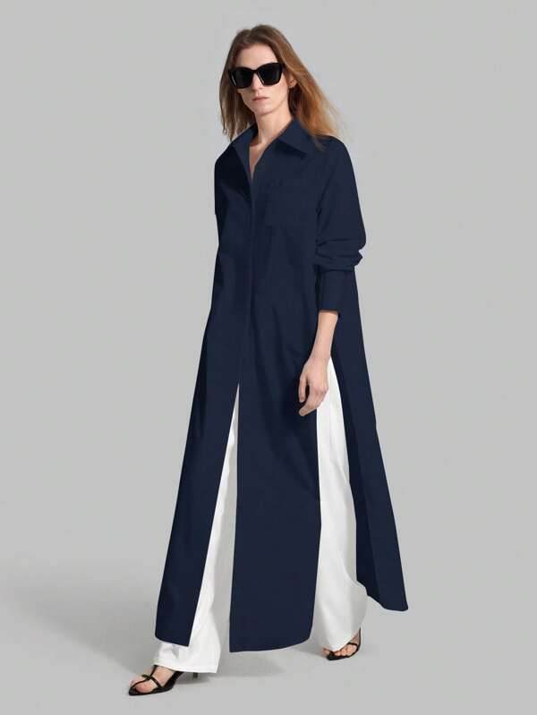 Ontre 2025 Summer New Navy Asymmetrical Hem Slit Long Sleeve Collar Dress, Business Casual Daywear Suitable For Weddings, Cocktail Parties, Country Music Concerts, Brunch, Airport, 90's Vintage, Stockholm, 4th Of July