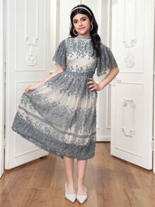 Teen Girls Floral Print Round Neck Ruffle Sleeve Elegant Vintage Dress