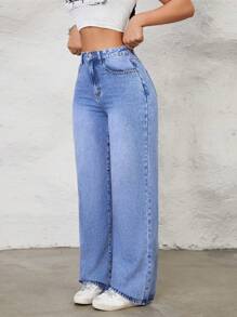SHEIN ICON Women's Casual High Waisted Straight Leg Washed Denim Jeans