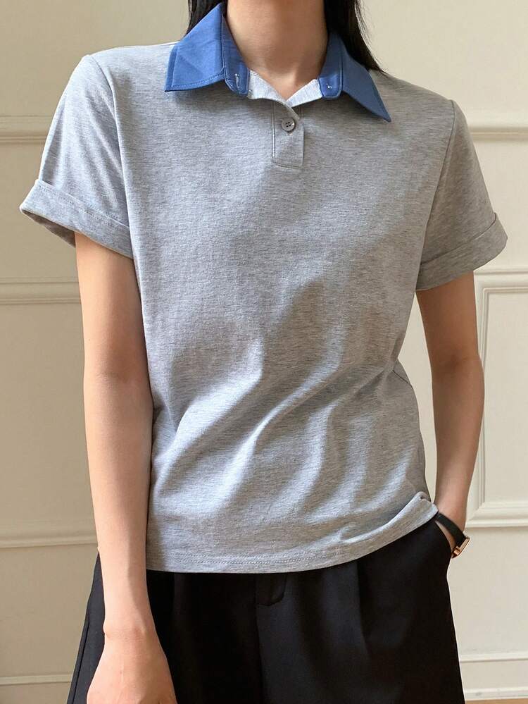 Women's Colorblock POLO Shirt Short Sleeve T-Shirt, Minimalist Fashion Casual Daily Wear