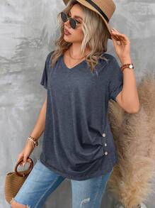 SHEIN Clasi Áo thun nữ tay ngắn xếp ly cổ chữ V trơn cỡ lớn - Màu xanh hải quân - Xem 1