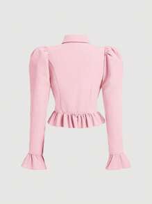 SHEIN MOD Flare Sleeve Ruffle Hem Puff Sleeve Pink Waisted Blouse,Valentine Outfits - Pink - View 2