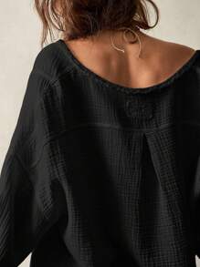 Bohemela 女士度假宽松 V 领落肩长袖编织纯色衬衫