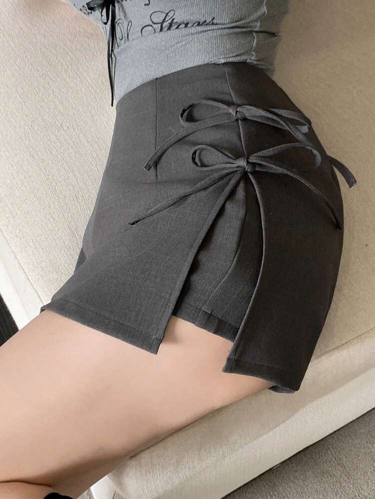 Women's Bow Decor Side Slit Mini Skirt