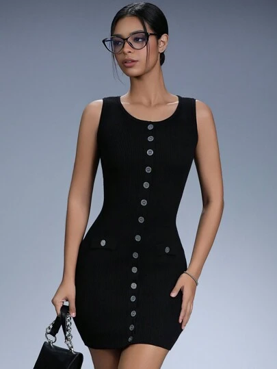 Aveloria Affinna 黑色简约设计圆领单排纽扣翻盖口袋无袖女式针织毛衣连衣裙