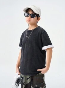 SHEIN Teenager Solid Color Versatile Crew Neck Casual Short Sleeve T-Shirt - Black - View 4