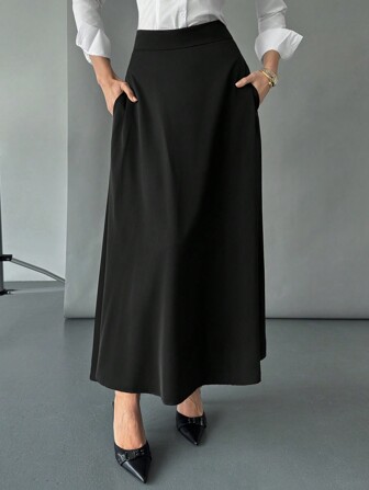 Siren Gaze Solid High Waist Hidden Pocket Skirt,Ladies Casual Ruffle,Zipper Maxi Regular Fit Ultra High Waist Black Plain Women Skirts,Spring/Fall,Casual Daily Wear