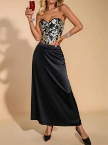 SHEIN Clasi Ensemble 2 pièces Top bustier jacquard noir et doré et jupe fourreau froncée. Sexy et élégant - Noir - Voir 1