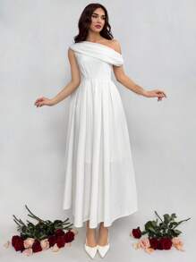 Aloruh 情人节白色不对称领口无袖收腰褶皱中长连衣裙（女款） - 白色 - 查看 1