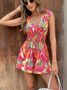 Breezaya Plants Tropical Random Print Romper For Summer Vacation - Hot Pink - View 4