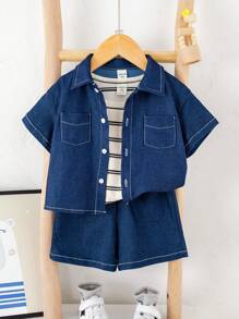 SHEIN Leap Crew 3 件套包括条纹 T 恤、淡蓝色衬衫、条纹短裤、男婴夏季休闲可爱服装 - 彩色 - 查看 5