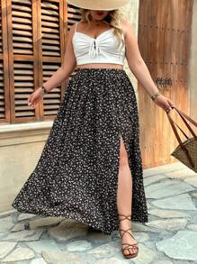 SHEIN VCAY Plus Size Women's Casual Ditsy Floral High Slit Skirt - Multicolor - View 3