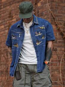 DAZY 男士夏季图案前扣休闲牛仔衬衫，简约风格 - 藍色 - 查看 3