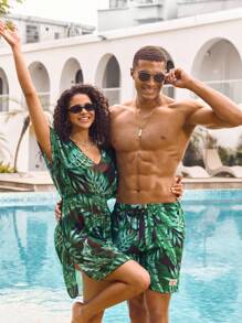 Manfinity VDAYZ Pantalones cortos de playa con cordones y bolsillos con estampado completo para hombres, shorts de baño informales y de vacaciones para parejas, novio, de estilo hawaiano