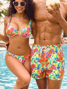 Manfinity VDAYZ Men's Front Tie All Over Print Beach Shorts, Casual Resort Wear Couple Boyfriend Men Swim Trunks - Multicolor - View 3