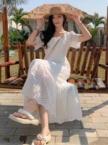 FRIFUL Women's Long White Embroidered Dress, Fashionable White Dress For Summer Prom Dress Vacation Outfits Women - White - View 7