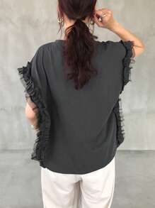 FRIFUL Women's Round Neck Mesh Ruffle Patchwork Loose Letter Colorblock Print Biker Style T-Shirt - Grey - View 8