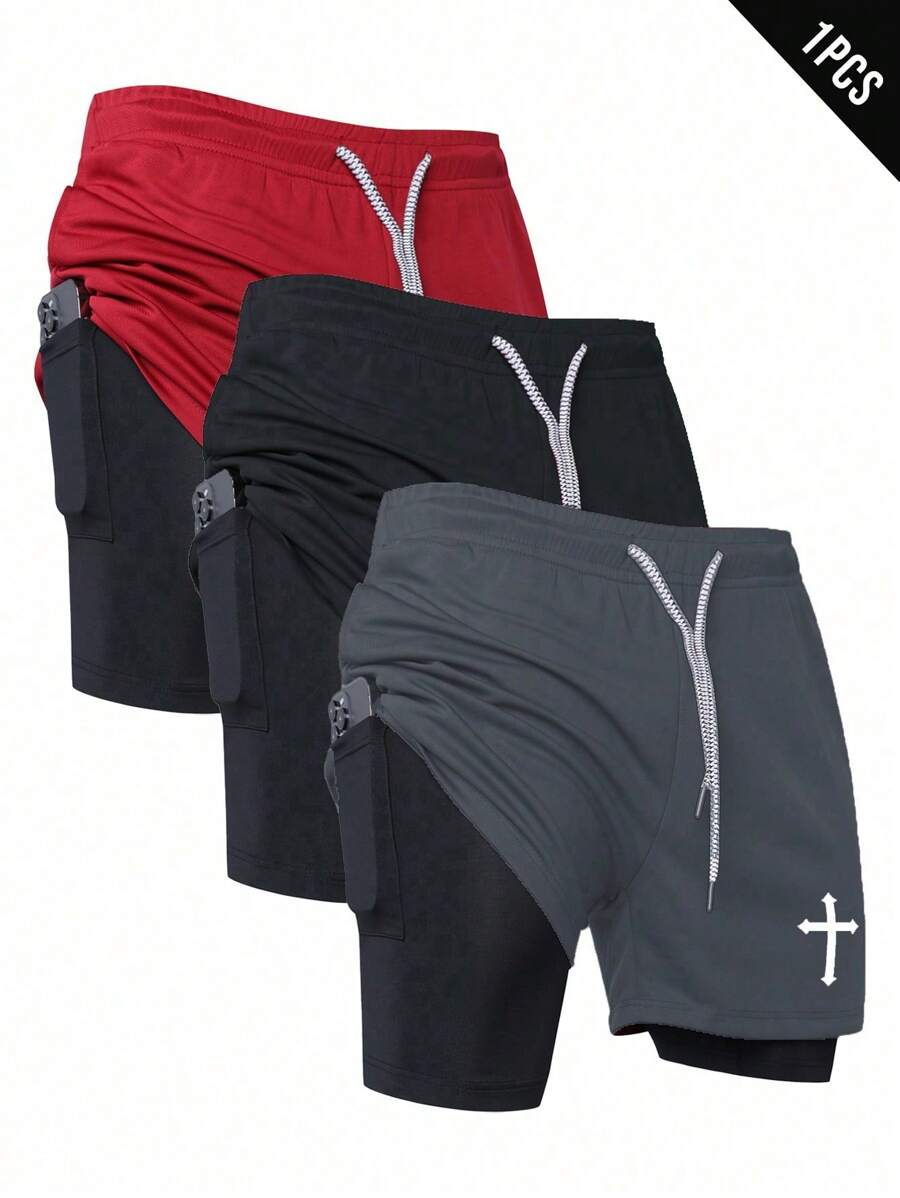 Manfinity Sport Corelite 1 件男友风格男士交叉印花抽绳腰运动短裤，夏季灰色短裤 - 深灰色 - 查看 1