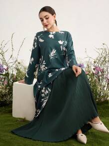 Graceveil 女式阿拉伯编织花卉印花褶皱长袖拼布长款休闲连衣裙 - 墨綠色 - 查看 2