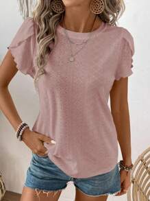 SHEIN LUNE 女士纯色烂花刺绣休闲圆领短袖 T 恤 - 粉色 - 查看 4