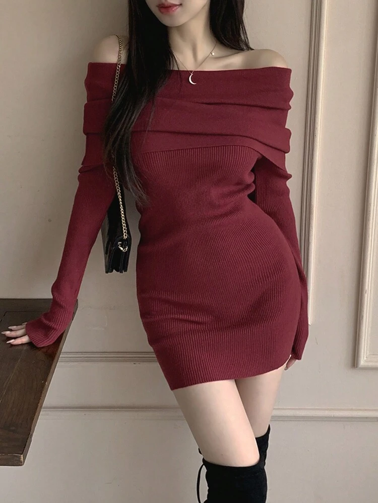 Women's Bodycon Off Shoulder Sweater Dress With Oversized Collar,Fall Women Clothes Red Women Dresses