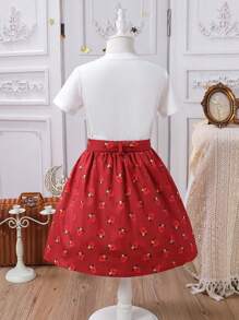 2pcs/Set Young Girl Round Neck Short Sleeve Printed Minimalist Top And Mini Skirt - Multicolor - View 2