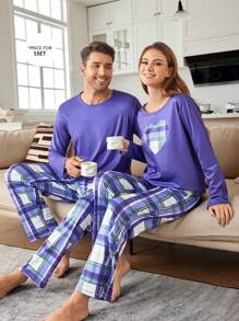 CoupledUp Conjunto de pijama casual de manga larga a cuadros y de color block para hombre