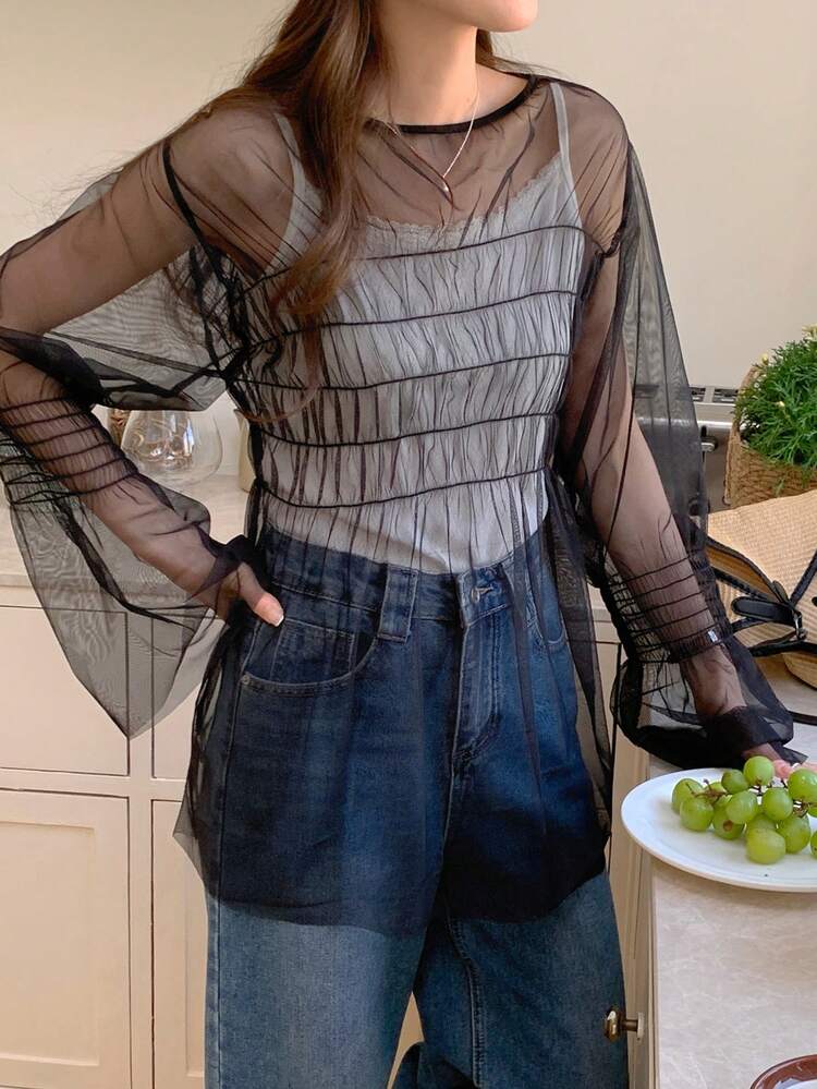 Women's Scoop Neck Sheer Long Sleeve Top,Fall Women Clothes