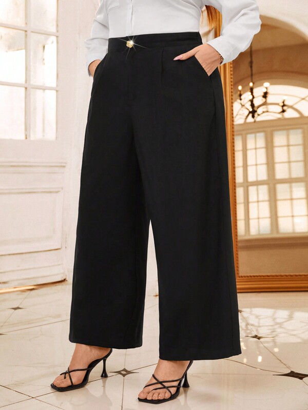 SHEIN Clasi Calças femininas casuais com fivela de metal plus size