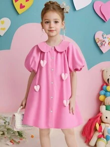 SHEIN Đầm thường ngày cho bé gái ngày lễ tình nhân phong cách công chúa tay bồng màu hồng trang trí hình trái tim cài nút phía trước, mặc hàng ngày vào mùa hè - Hồng - Xem 1