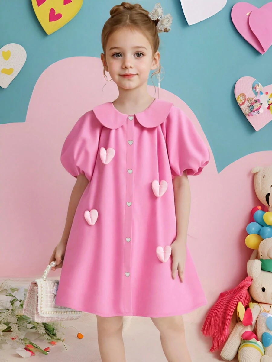 SHEIN Đầm thường ngày cho bé gái ngày lễ tình nhân phong cách công chúa tay bồng màu hồng trang trí hình trái tim cài nút phía trước, mặc hàng ngày vào mùa hè - Hồng - Xem 1