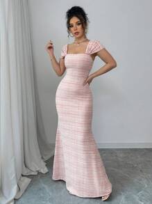 Rafferiza Damen figurbetontes Bodycon-Kleid im französischen Stil mit quadratischem Ausschnitt und Fischschwanz-Strickmuster - Rot - Übersicht 6