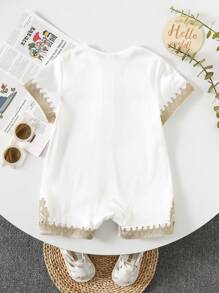 SHEIN White Summer Elegant Wedding Newborn Baby Boy Girl Soft Comfortable Jacquard Fabric Outfit,Decorative Ribbon Round Neck Short Sleeve Romper,Versatile - White - View 3