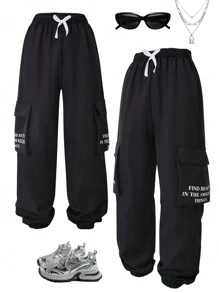 Pantalones con bolsillo plisado y cordón para niñas y unisex, estilo casual