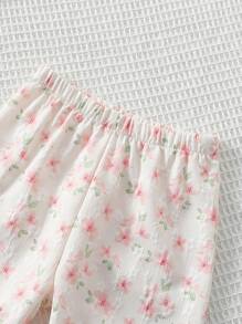 女婴白色背景碎花图案长袖上衣和裤子舒适优雅休闲家居服套装 - 白色 - 查看 5