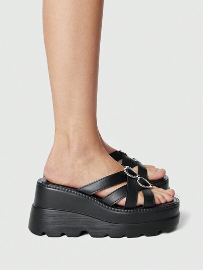 Women's Dark Punk Rock Shoes - Strappy Sandals With Studs & Metal Gothic Style, Suitable For Summer Open Toe Beach, Platform & Heart-Shaped Slides, Halloween