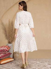 SHEIN Teen Girls Foil Fabric Gold Lace Trim Traditional Style Dress - White - View 2