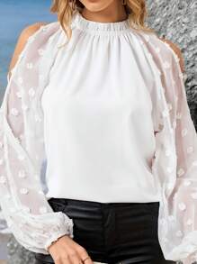 SHEIN Clasi Women's Elegant Ruffled Open Shoulder Lantern Sleeve White Blouse, Suitable For Commuting, Casual Everyday Wear, Spring, Summer For Women Beach For Woman Summer For Women Vacation Woman - White - View 4