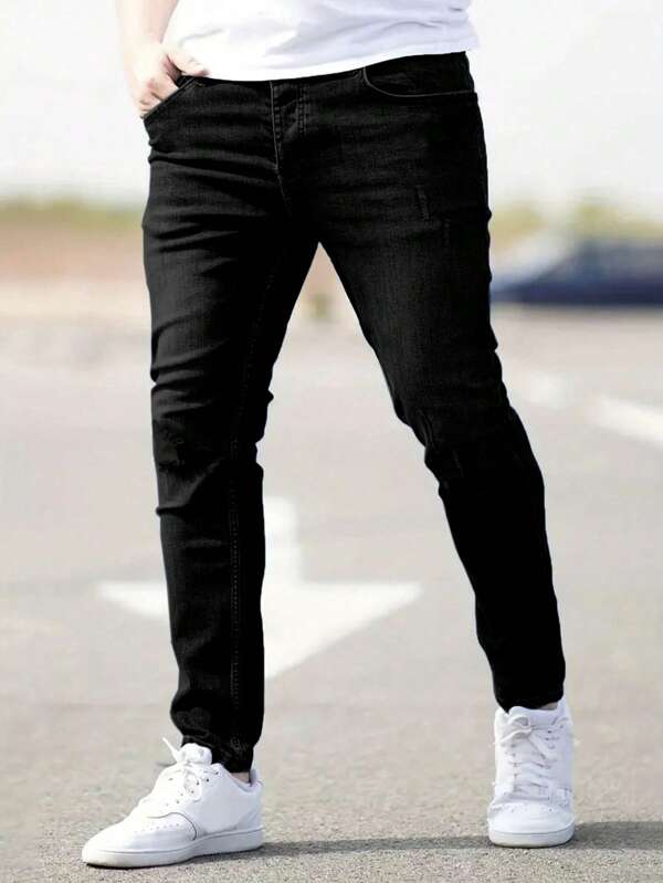 Manfinity LEGND Men's Casual Solid Color Slim Fit Jeans, Black Pants