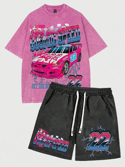 Street Life Men's Race Car & Street Print Washed Short Sleeve Racing T-Shirt & Shorts Set, High Street Vintage