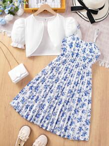 Conjunto de 2 piezas para niñas preadolescentes con blusa de manga corta en color liso y vestido camisola con estampado floral diminuto