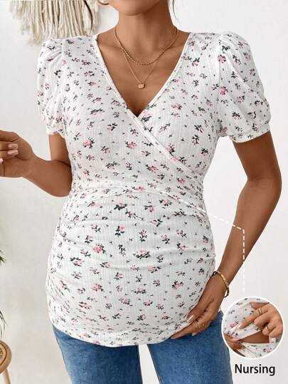 SHEIN Maternity Casual Ditsy Floral Puff Sleeve Slim Fit Blouse